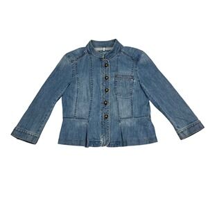 Ann Taylor Loft Denim Jacket Blue Brass Button Peplum Mandarin Collar 12